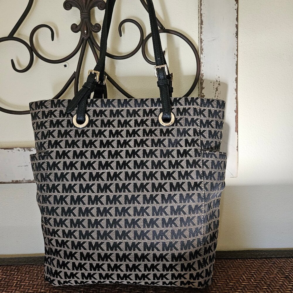 Michael Kors Jet Set Tan and Black Monogram Tote Shoulder Bag